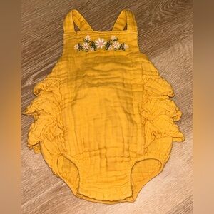 Angel Dear Yellow Ruffled Baby Romper with Floral Embroidery